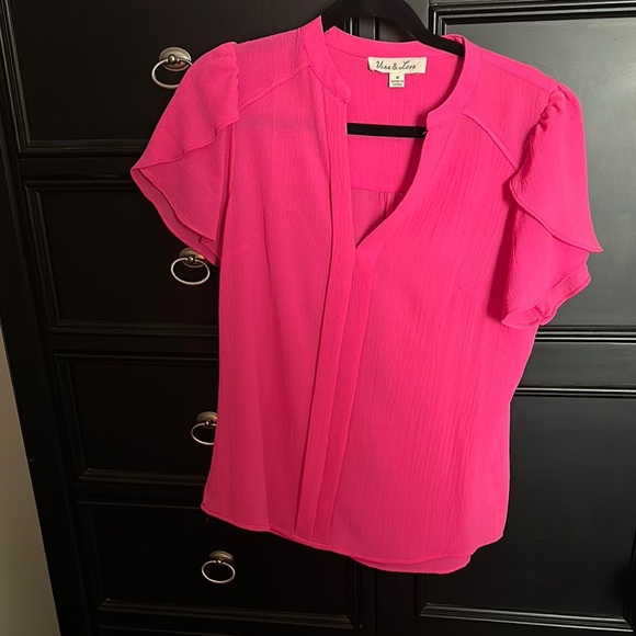 Vine & Love Tops - Vine & Love Pink Ruffled Mandarin Collar Blouse